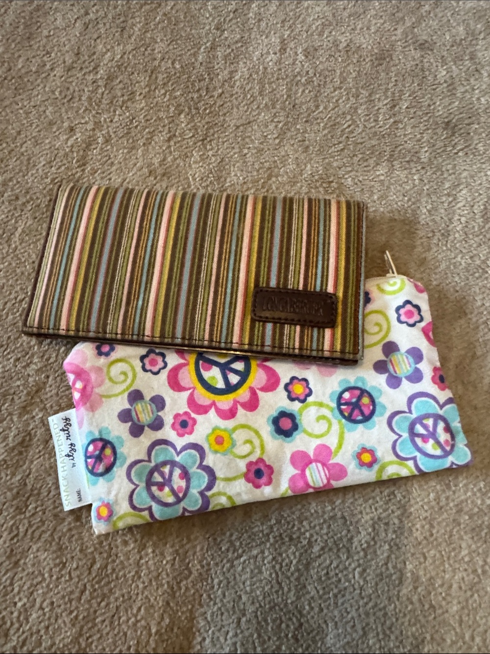 Longaberger Striped Brown Checkbook Wallet with Floral Peace Pouch